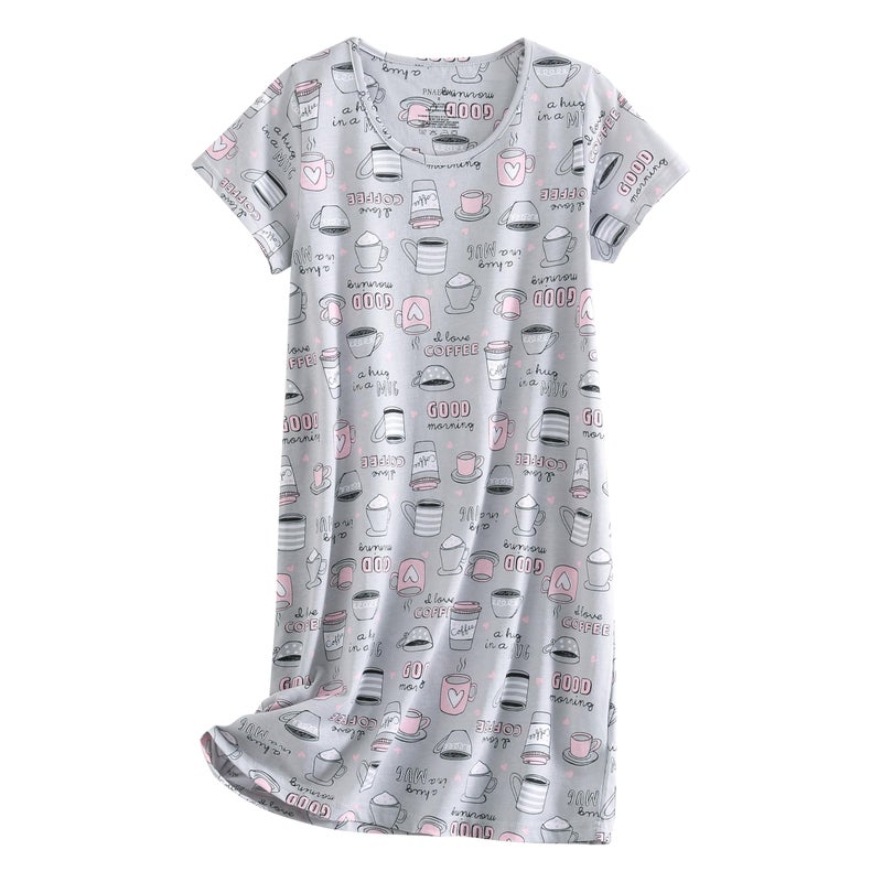 PNAEONG Women's Nightgowns Short Sleeves Cotton Sleepwear Print Sleep Shirt XTSY108-Coffee-L Large - Image 1